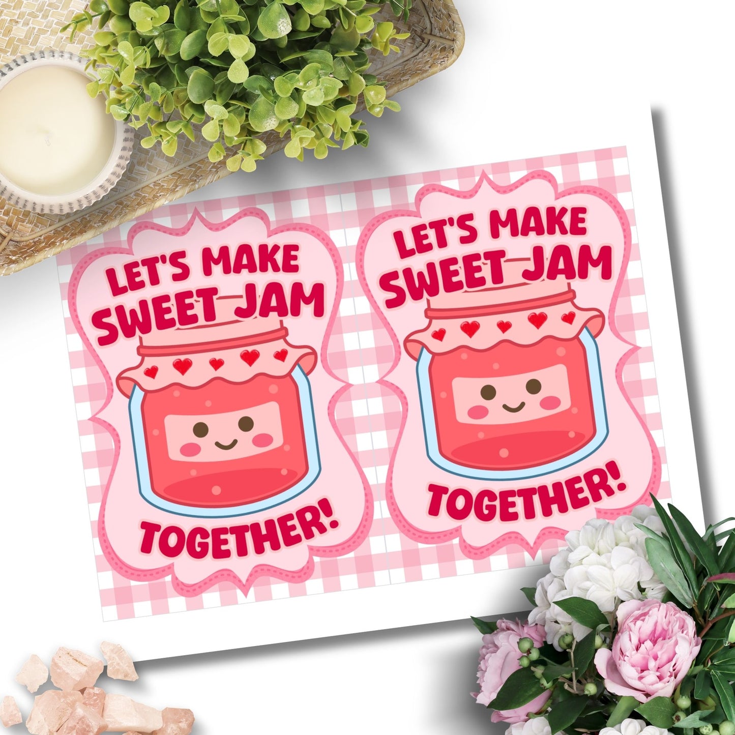 Printable Valentine’s Day Greeting Card featuring the phrase “Let’s Make Sweet Jam Together” with a berry and jam theme. Designed as a 5x7 PDF on an 8.5 x 11 sheet with two cards per page. A sweet and punny Valentine’s card for loved ones.