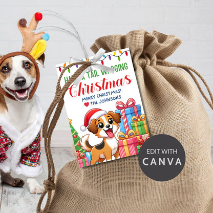 Christmas gift tags featuring a happy dog wearing a Santa hat with festive presents and colorful lights, paired with the message "Have a Tail Wagging Christmas." These printable and editable tags add a playful touch to holiday gifts for dog lovers.