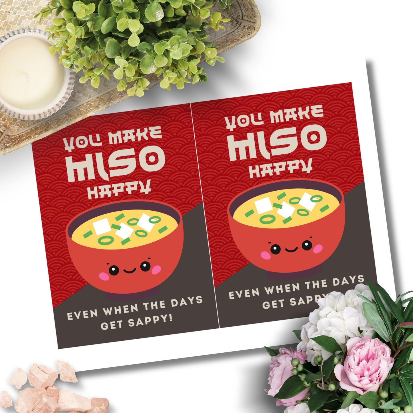 Printable 5x7 greeting card featuring a smiling bowl of miso soup and the message “You Make Miso Happy,” perfect for friends, teachers, or moms. Available as a PDF instant download.