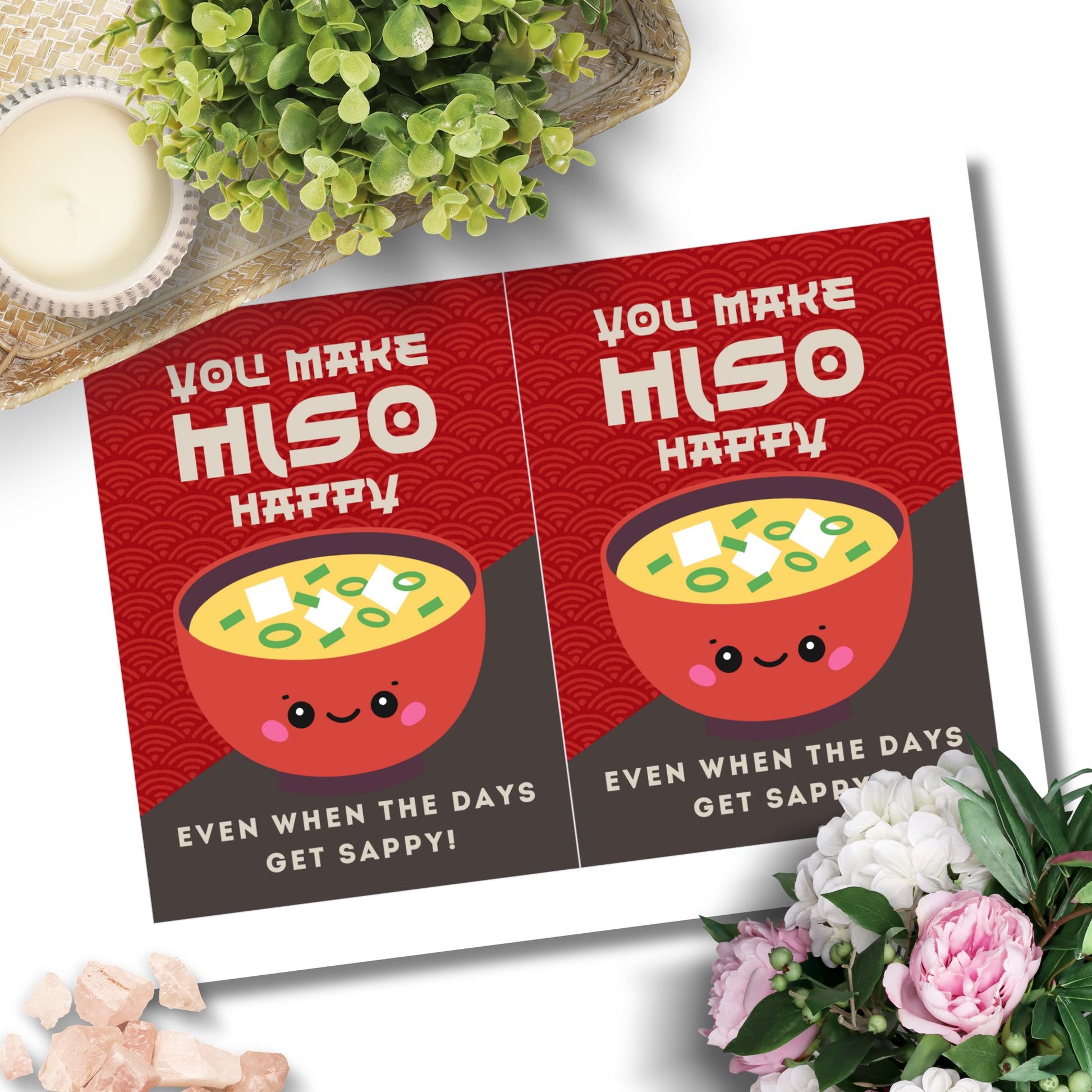 Printable 5x7 greeting card featuring a smiling bowl of miso soup and the message “You Make Miso Happy,” perfect for friends, teachers, or moms. Available as a PDF instant download.
