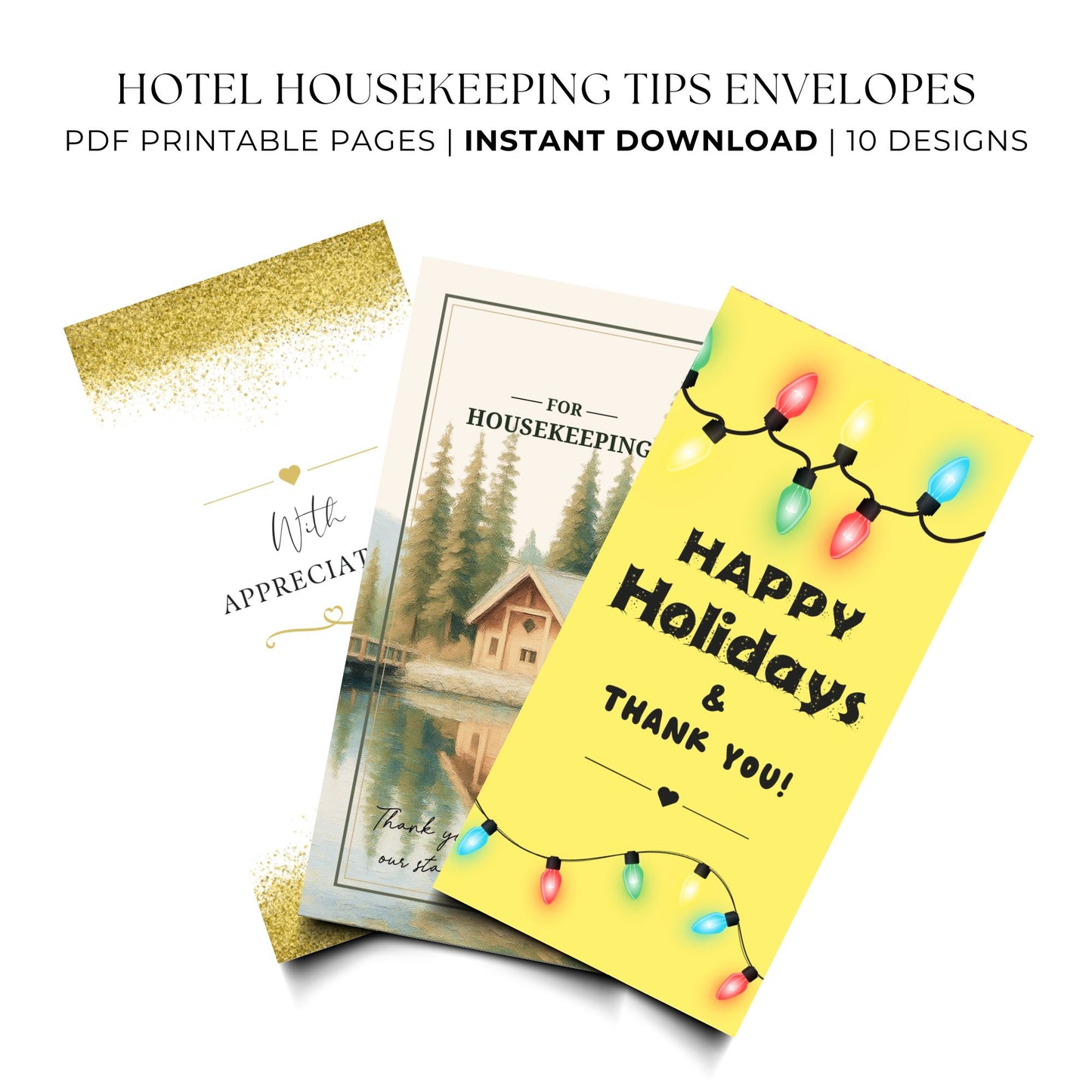 Promotional graphic for hotel housekeeping tips envelopes, showing two overlapping printed envelope designs on a white background. The front envelope is bright yellow with black text reading 'Happy Holidays & Thank You!' and multicolored holiday string lights.