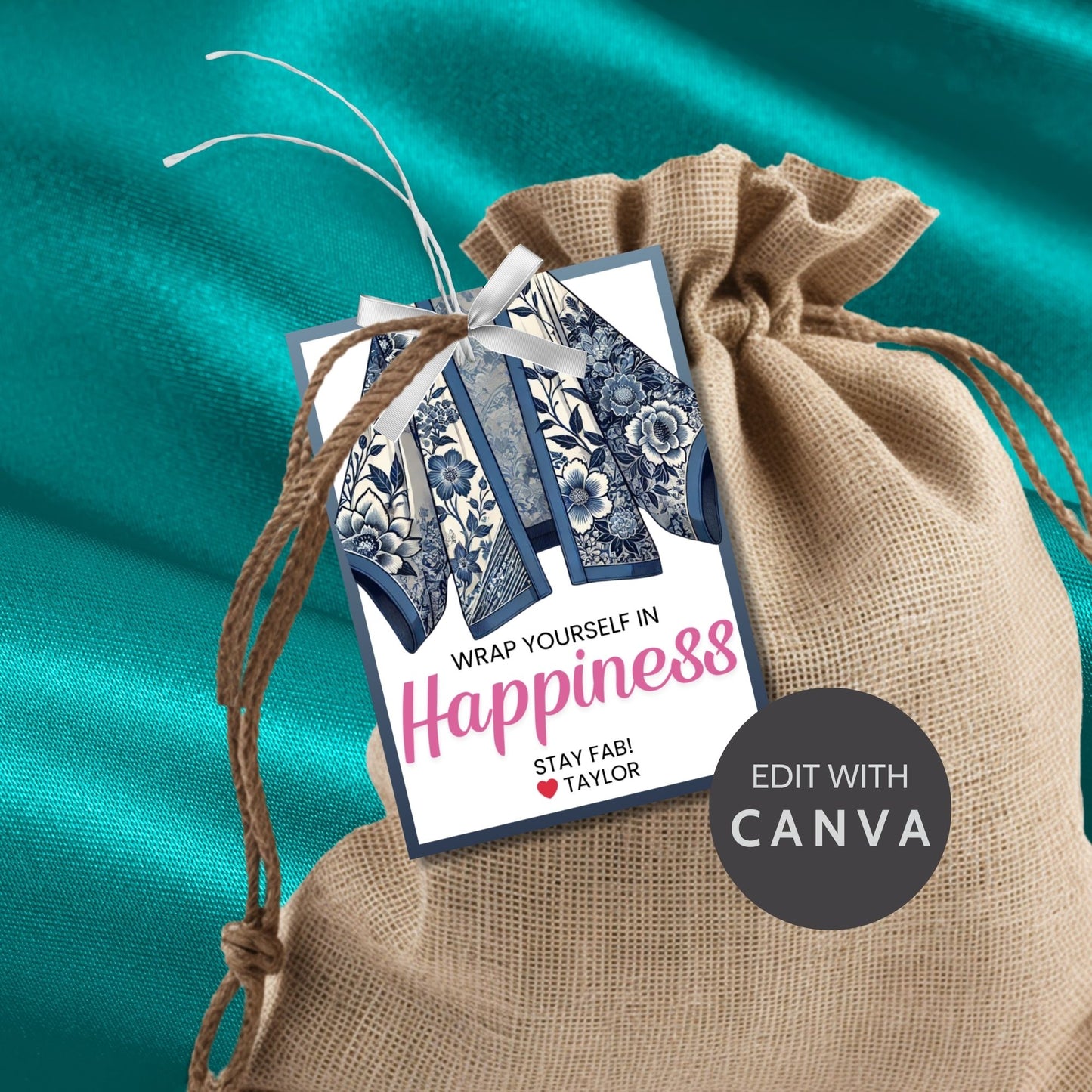 Printable kimono gift tags featuring a colorful kimono design with the text "Wrap Yourself in Happiness" and customizable space for names, perfect for adding a personal touch to any gift.