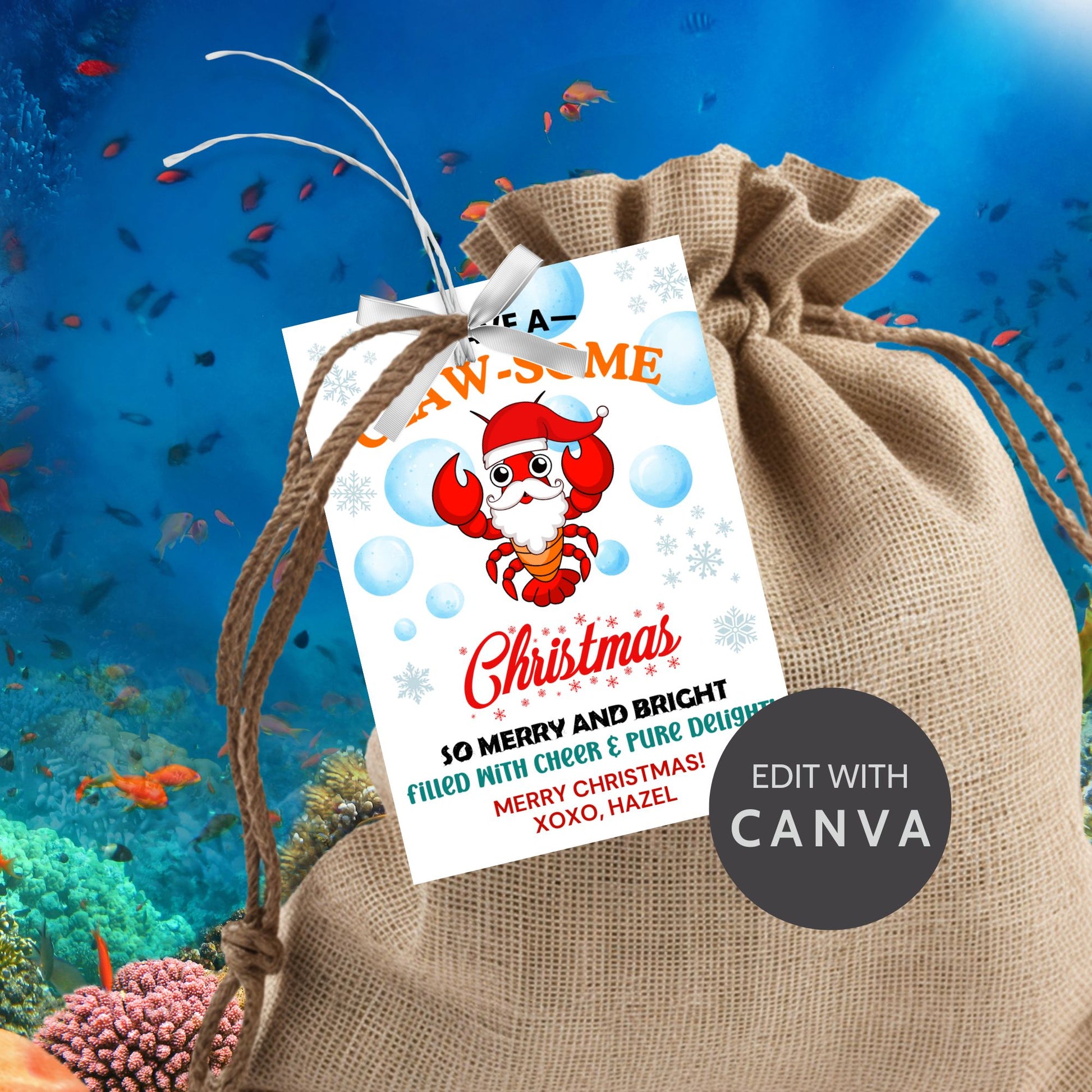 Lobster-themed Christmas gift tags featuring a bright red lobster in a Santa hat surrounded by bubbles and snowflakes, with the cheerful message 'Have a Claw-some Christmas. So Merry and Bright, Filled with Cheer & Pure Delight!' Perfect for adding a coastal charm to holiday gifts.