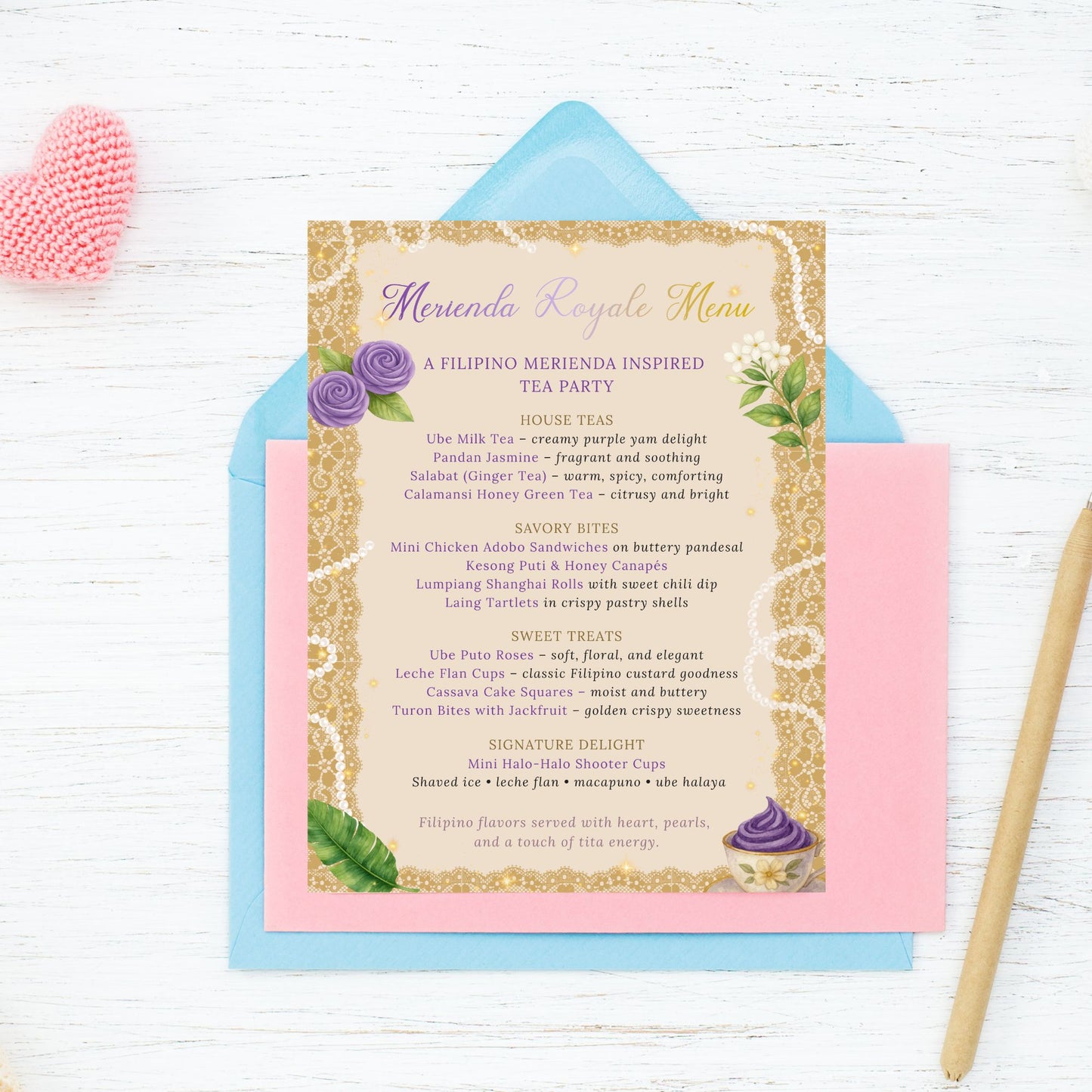 Editable Filipino Tea Party Menu Template | Merienda Royale Ube & Gold Luxe Canva Design | Printable 8.5x11 Menu by Given Crafted Wonders