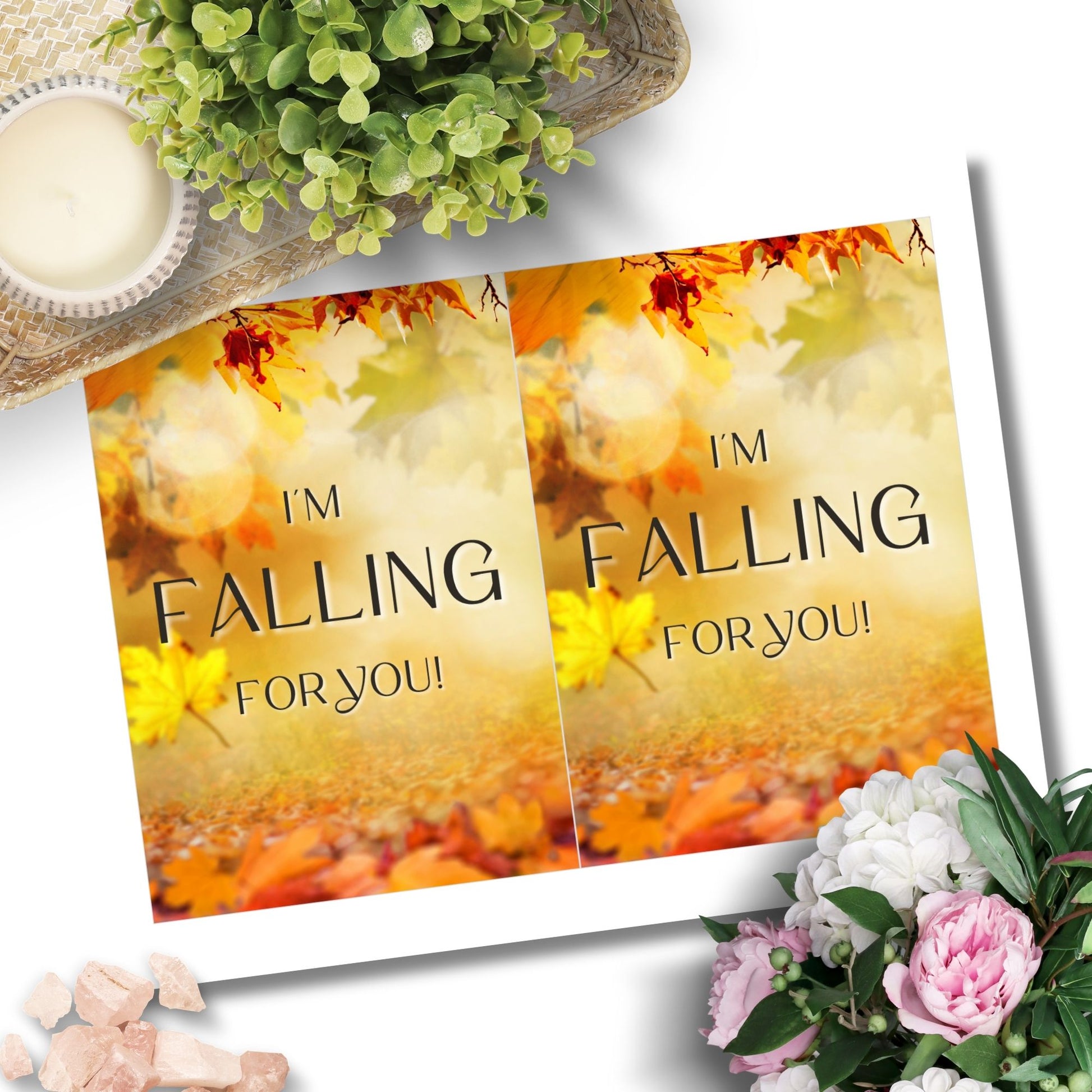 Printable Fall Greeting Card featuring a playful autumn design with the message 'I'm Falling for You,' ideal for expressing romantic feelings this season.