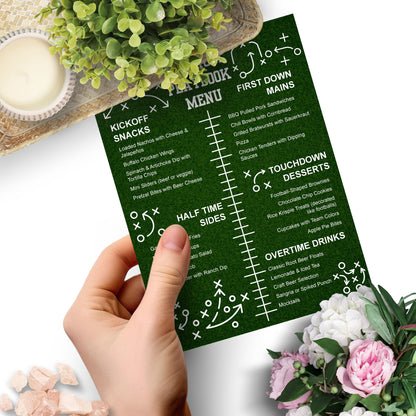 Editable Stadium Playbook Menu Template with game day sections like Kickoff Snacks, First Down Mains, and Touchdown Desserts; perfect for NFL parties, tailgates, and Super Bowl menus.