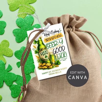 St. Patrick’s Day printable gift tag featuring a green beer-inspired drink with the phrase “Hope Today Brings You Beery Good Luck.” The festive design includes shamrocks and lucky elements. Tags are sized 2.5 x 3.5 inches, arranged 8 per 8.5 x 11 printable sheet, and available as a printable PDF and editable Canva template.