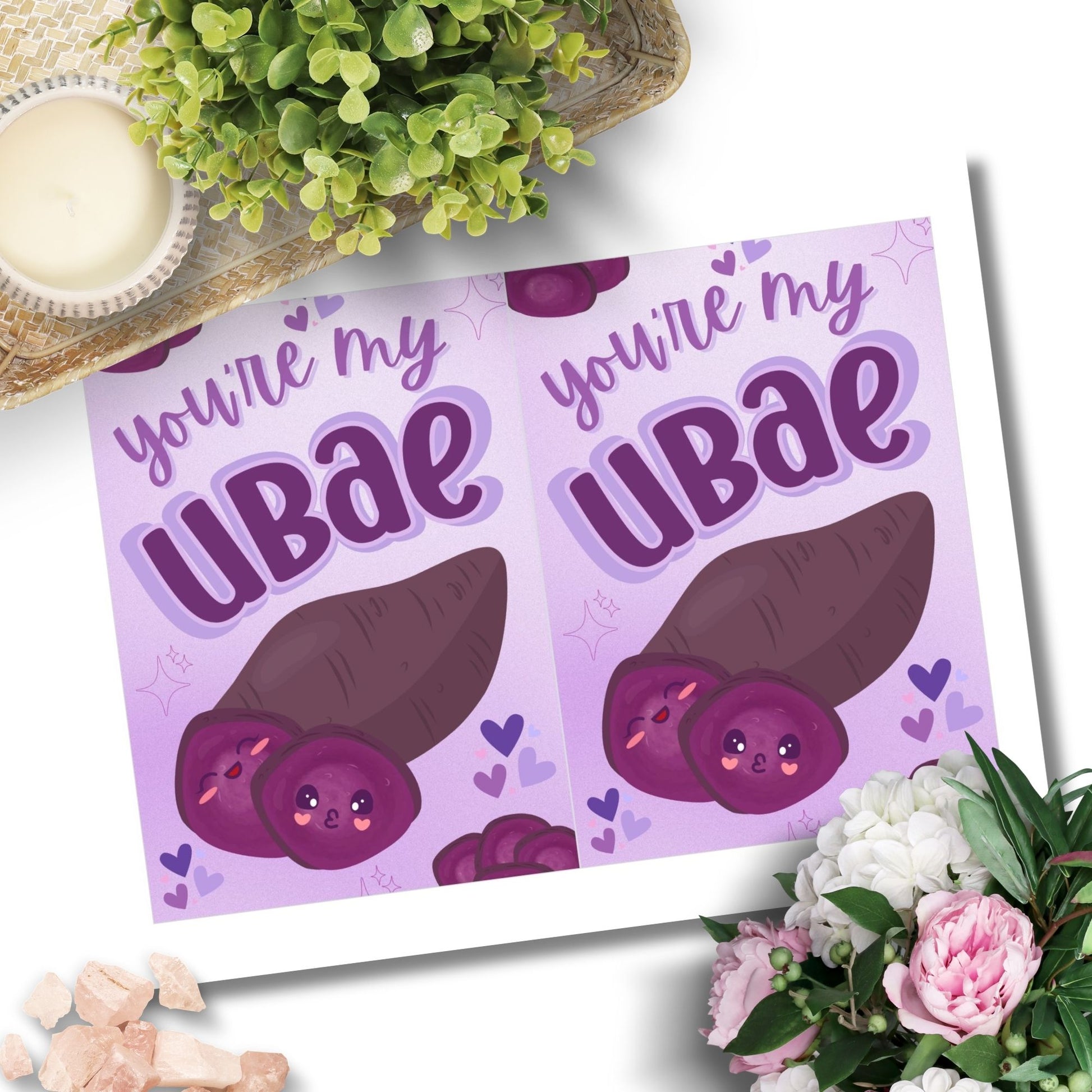 Printable Valentine’s Day card featuring the phrase “You’re My UBAE” with a cute and colorful ube-themed design. Designed as a 5x7 PDF on an 8.5 x 11 sheet with two cards per page. A punny and heartfelt Valentine’s card for ube lovers.