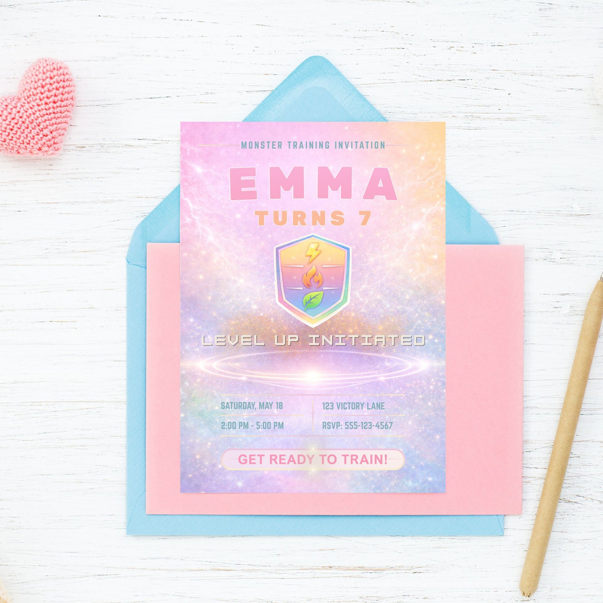 Editable pastel rainbow monster trainer inspired birthday invitation with soft glowing arena, cute badge design, and customizable party details in Canva