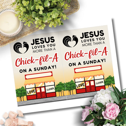 A beautifully designed Christian Valentine’s Day card featuring the phrase "Jesus Loves You More Than a Chick-fil-A on a Sunday." Perfect for church members, pastors, and loved ones who cherish faith-based humor. Instant download printable in 5x7 PDF format.