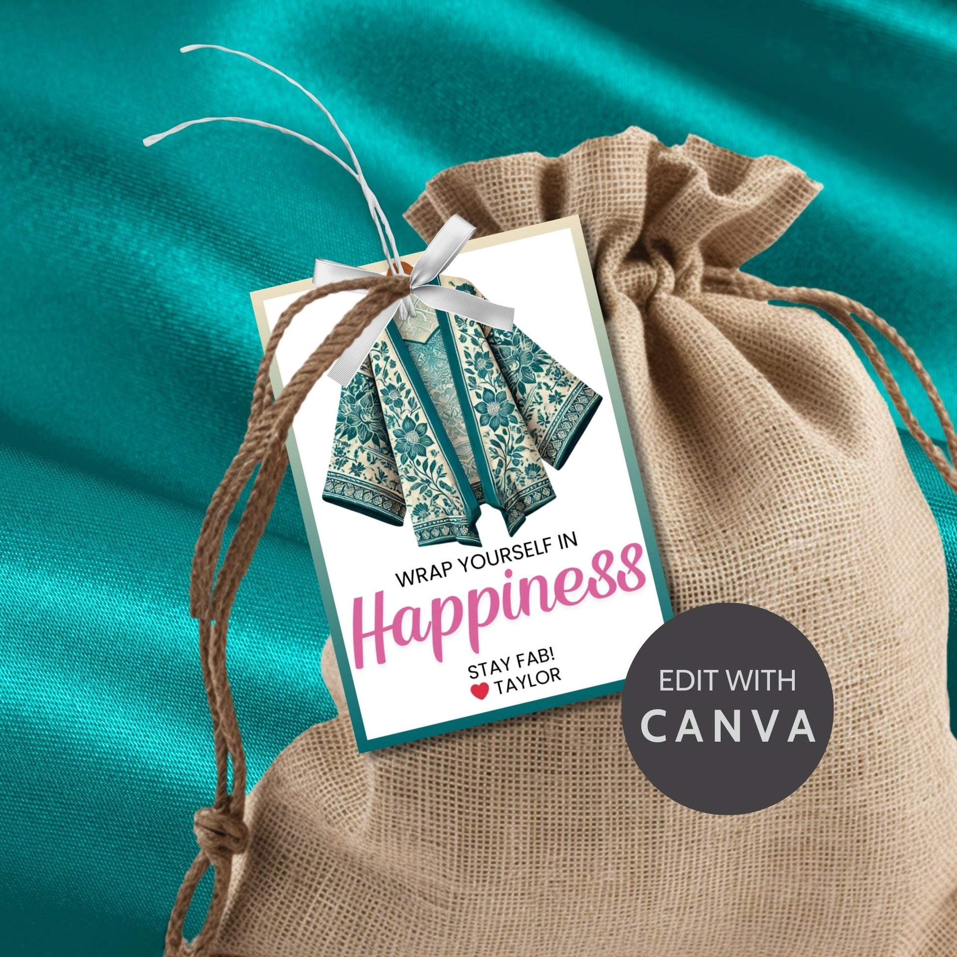 Printable kimono gift tags featuring a colorful kimono design with the text "Wrap Yourself in Happiness" and customizable space for names, perfect for adding a personal touch to any gift.