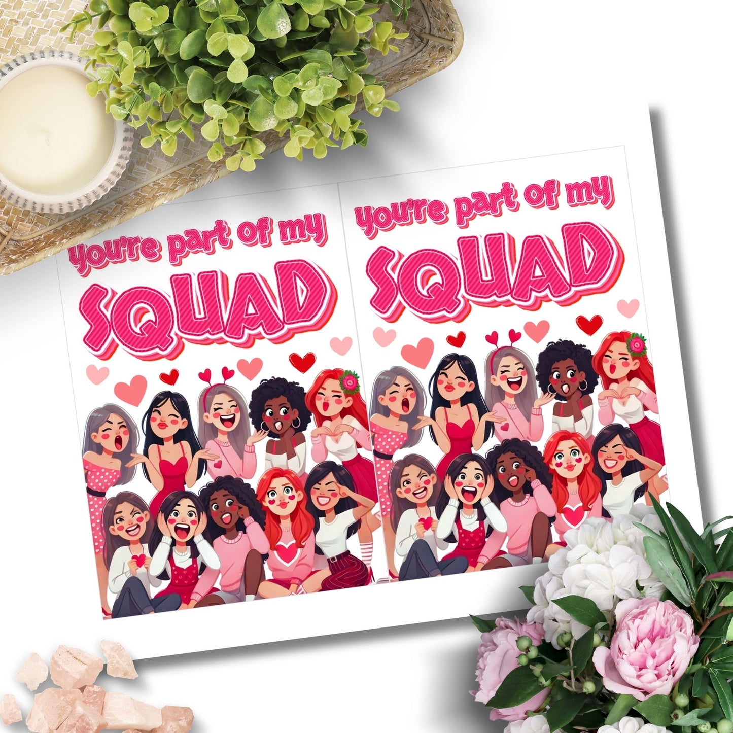 A stylish printable Galentine’s Day greeting card with a trendy "You’re Part of My Squad" message, designed for best friends, featuring a 5x7-inch design for instant download and printing.