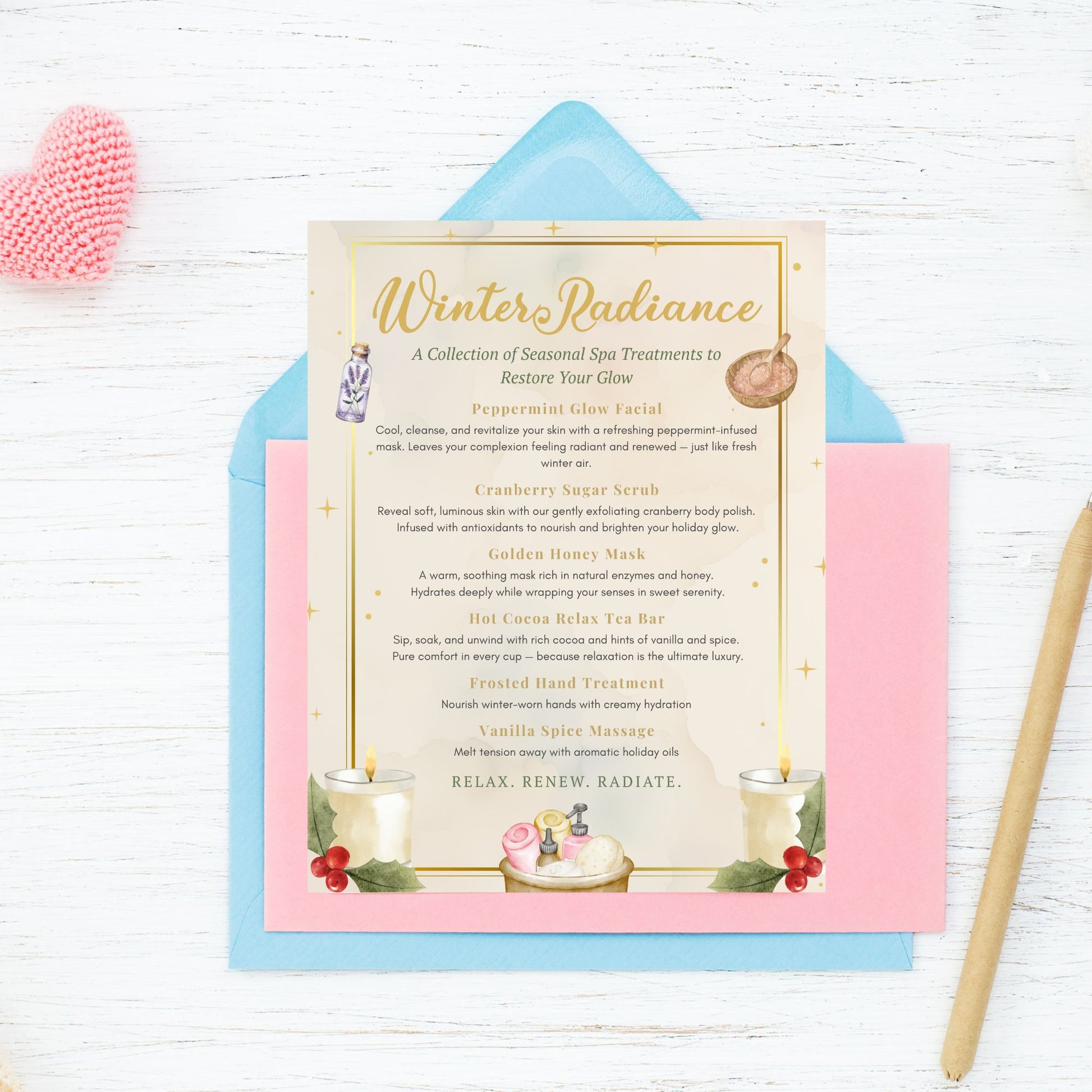 Spa treatment menu titled 'Winter Radiance' with illustrations on a white background