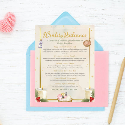 Spa treatment menu titled 'Winter Radiance' with illustrations on a white background