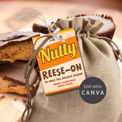 Festive holiday gift tags with a playful "Have a Nutty Reeson to Smile This Holiday Season!" message, perfect for nutty treats or chocolate gifts. Includes printable PDF and editable Canva template.