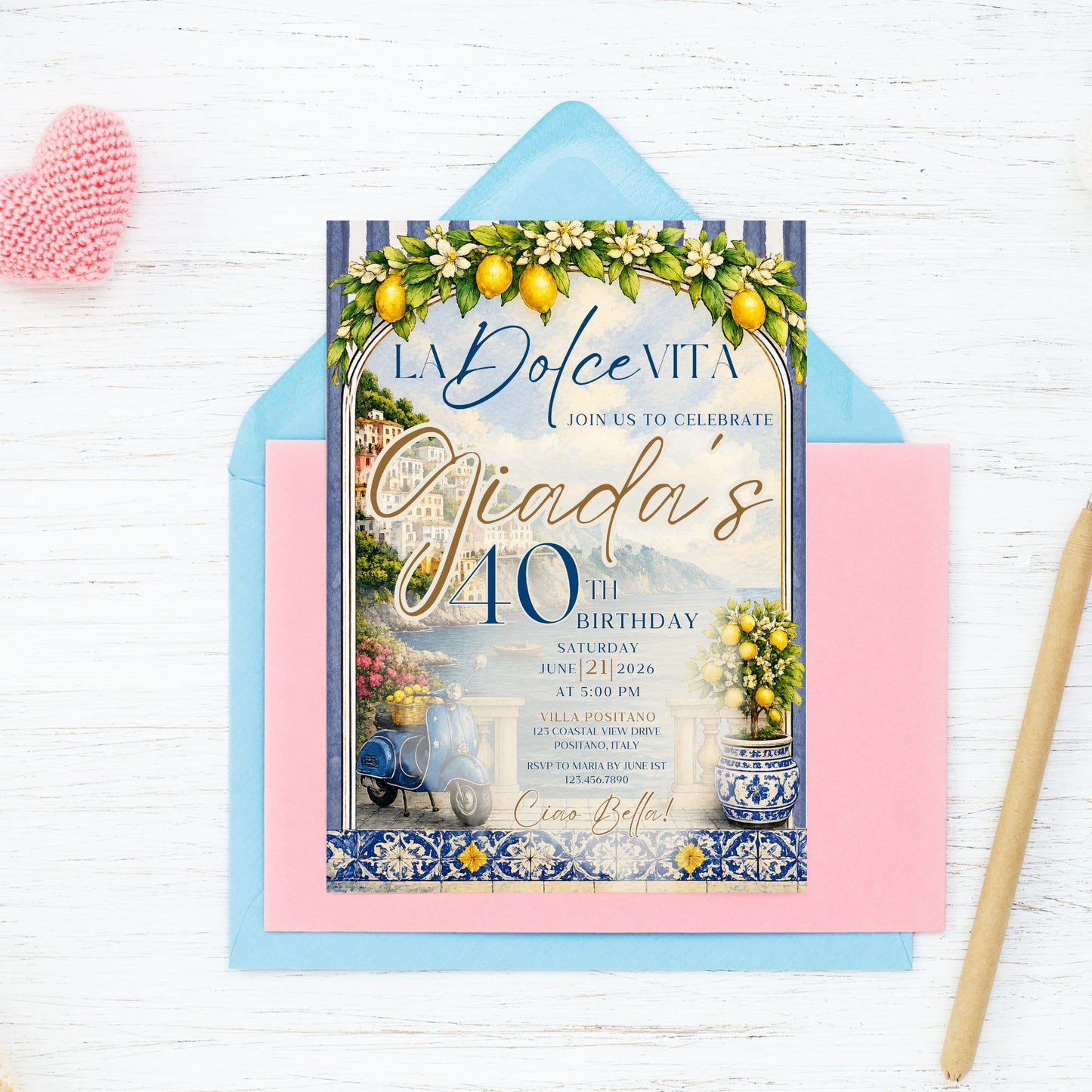Editable La Dolce Vita party invitation template featuring Amalfi Coast scenery, lemons, blue Italian tiles, Positano coastal artwork, vintage scooter, and elegant Mediterranean typography in blue and gold.