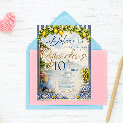 Editable La Dolce Vita party invitation template featuring Amalfi Coast scenery, lemons, blue Italian tiles, Positano coastal artwork, vintage scooter, and elegant Mediterranean typography in blue and gold.