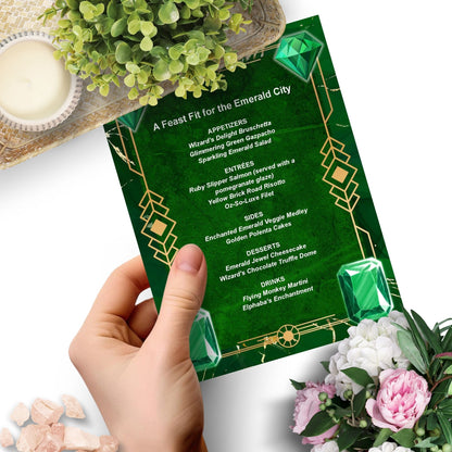 Editable Emerald City-inspired menu template featuring luxurious dishes like Ruby Slipper Salmon and Flying Monkey Martini, perfect for a Wicked-themed party or elegant event.