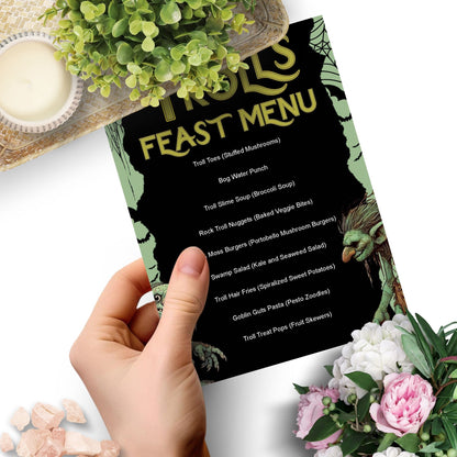 Editable Trolls Feast Menu featuring spooky, fantasy-themed food items like Troll Toes, Bog Water Punch, and Goblin Guts Pasta, perfect for Halloween or fantasy-themed parties.