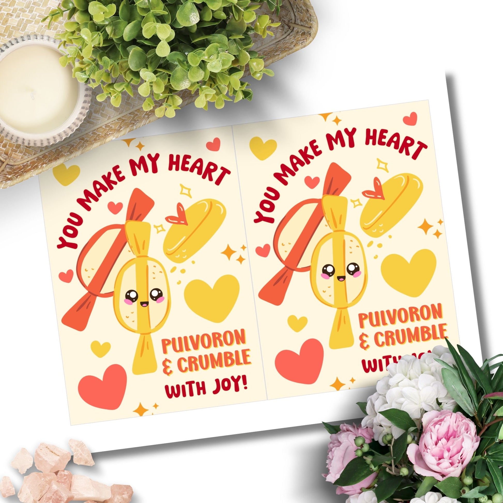 Printable Valentine’s Day card featuring the phrase “You Make My Heart Pulvoroll with Joy” with a Filipino pulvoron-inspired design. Designed as a 5x7 PDF on an 8.5 x 11 sheet with two cards per page. A punny and heartfelt Valentine’s card for Filipino food lovers.