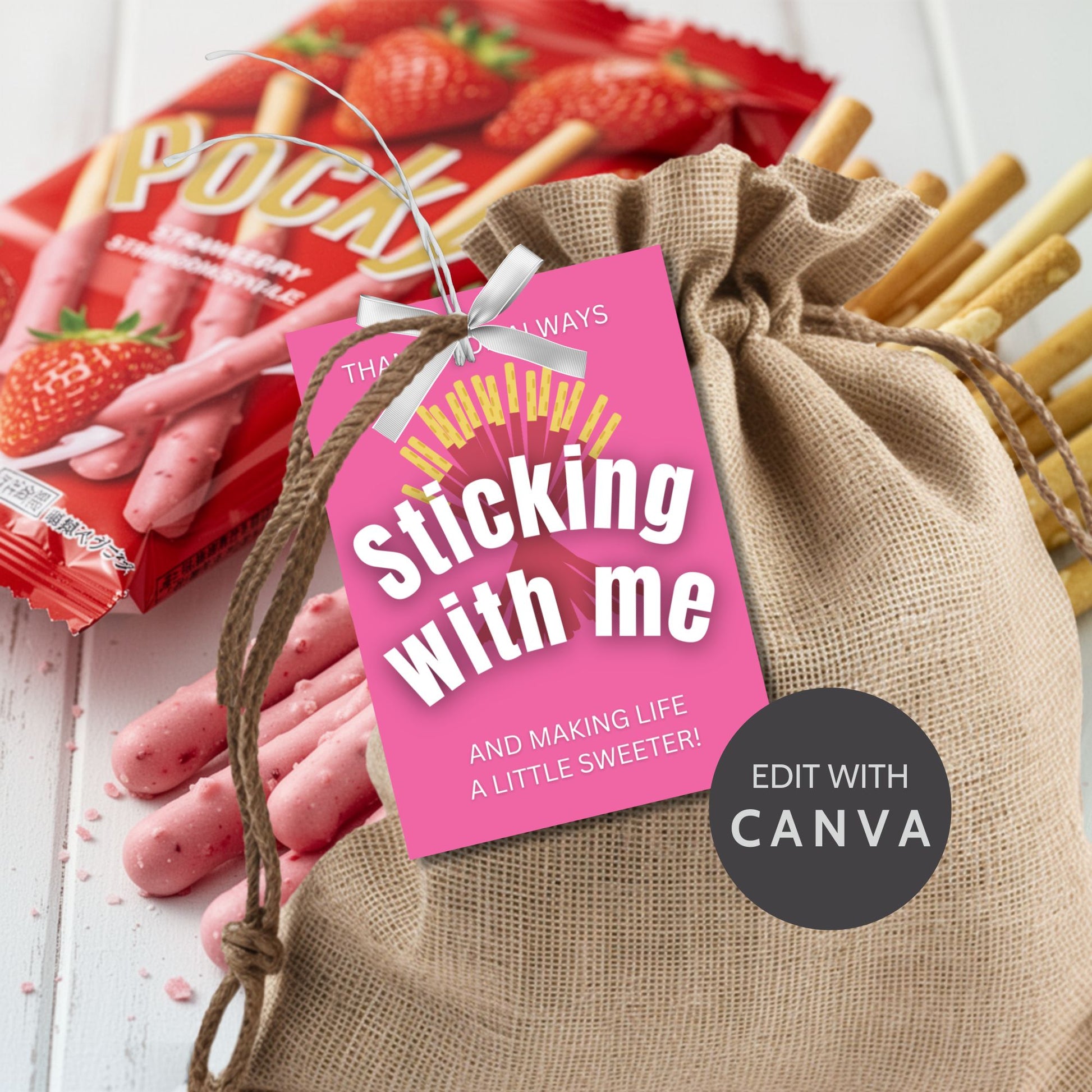 Strawberry Pocky thank you printable gift tags in pink reading “Thanks for Always Sticking With Me and Making Life a Little Sweeter,” 2.5x3.5 inches, 8 per 8.5x11 sheet, editable Canva template included.