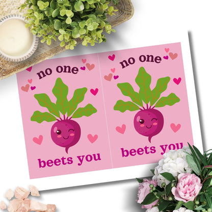 Printable Valentine’s Day Greeting Card featuring the pun “No One Beets You.” Designed as a 5x7 PDF on an 8.5 x 11 sheet with two cards per page. A cute and funny Valentine’s card for food lovers.