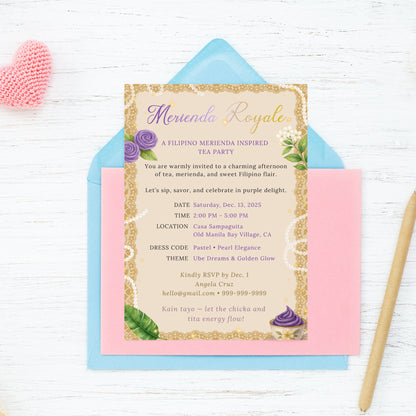 Invitation card with decorative elements on a white background