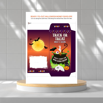 Halloween-themed money envelope on a white platform with a gray tiled wall background
