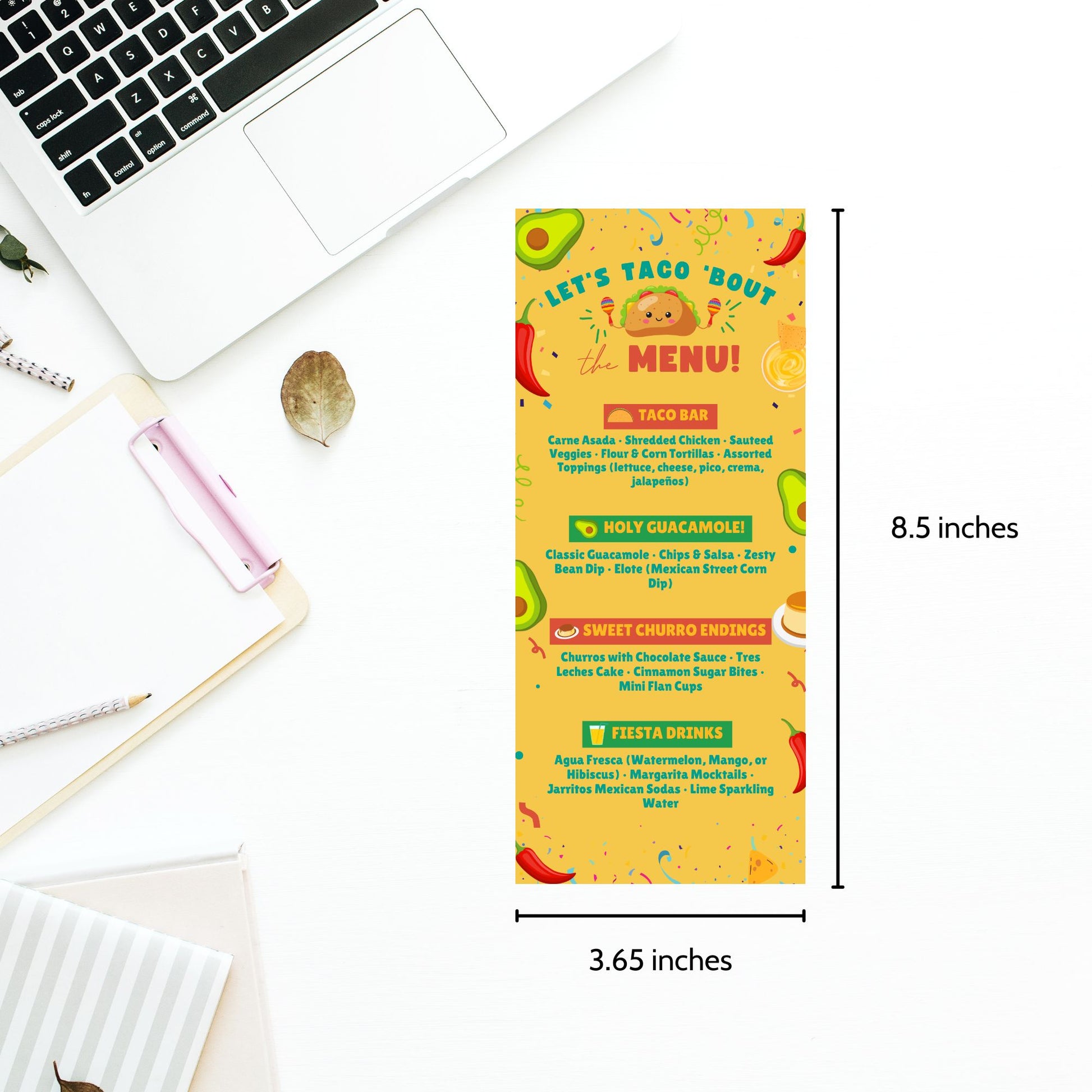 Editable taco-themed tabletop menu card titled “Let’s Taco ’Bout the Menu!” with bright fiesta graphics, customizable in Canva. Sized 3.65 x 8.5 inches for buffet and food station display.