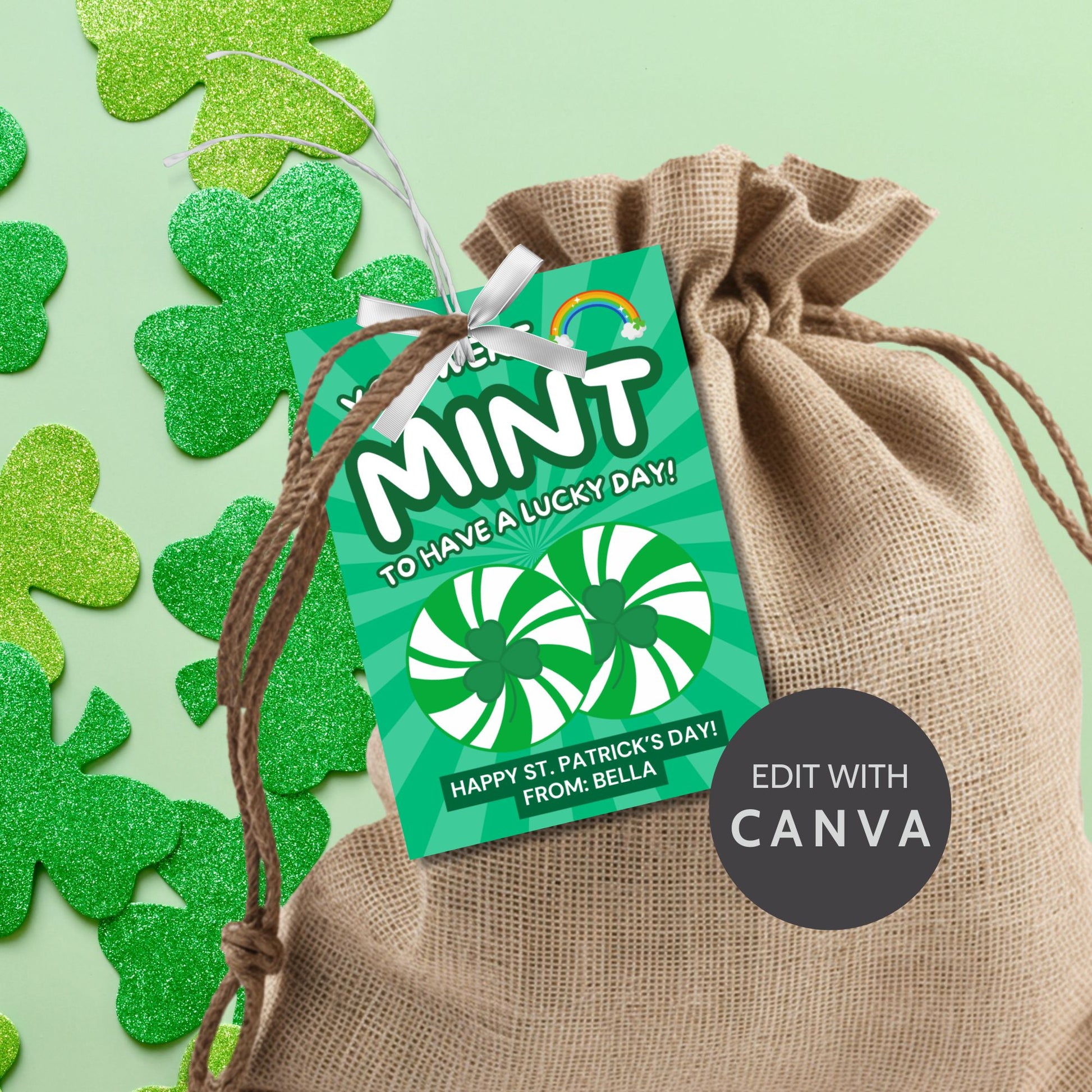 A fun St. Patrick’s Day printable gift tag featuring green peppermint swirls, a rainbow, and the pun "You Were MINT to Have a Lucky Day!" in bold, festive typography. The tags are 2.5 x 3.5 inches, laid out on an 8.5 x 11-inch sheet, 8 per page. Available as a printable PDF and an editable Canva template for personalization.