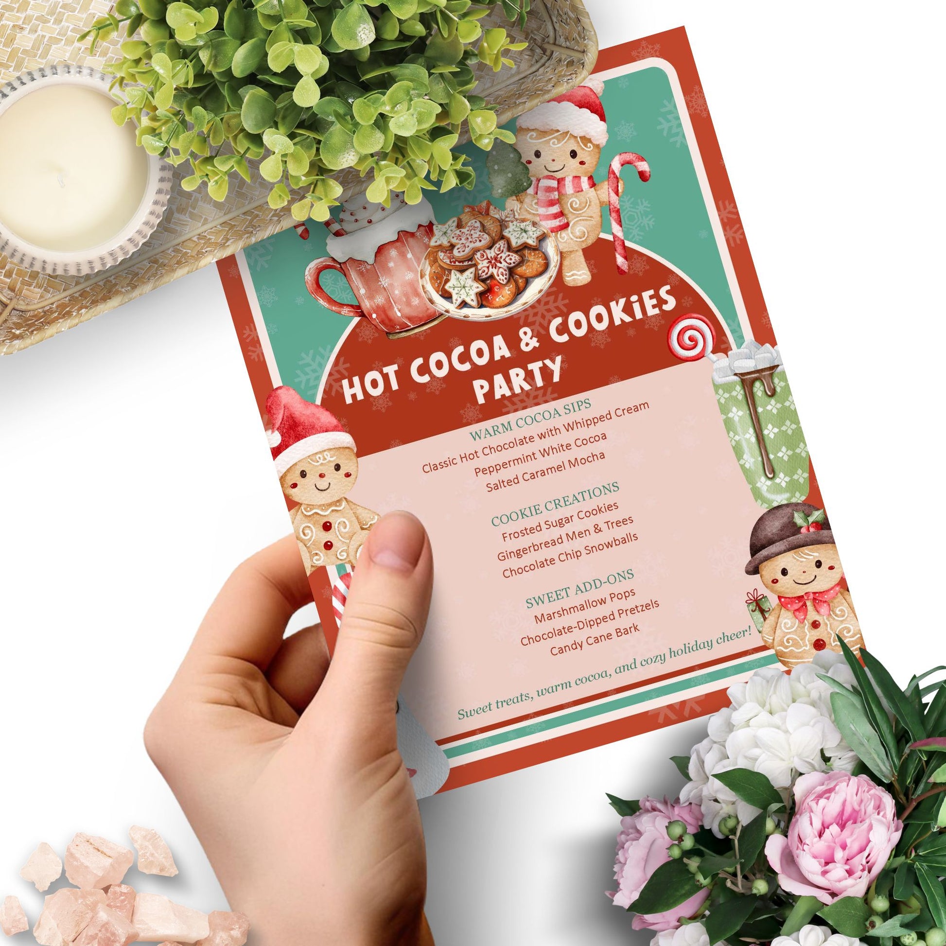 Hot Cocoa & Cookies Party Editable Menu Template featuring cocoa mugs, cookies, and festive red-and-white holiday accents on printable 8.5x11 Word layout.