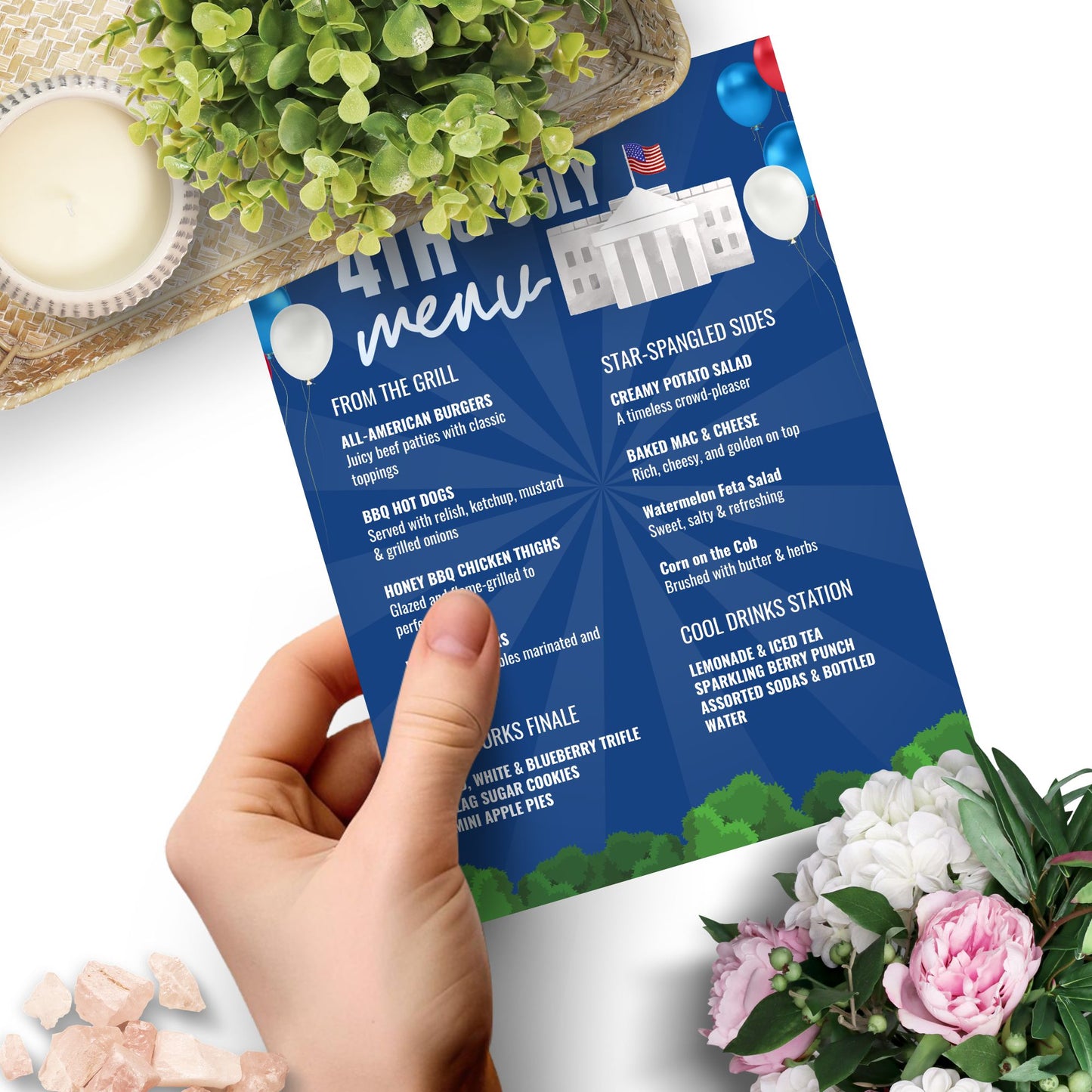 Editable 4th of July BBQ menu with patriotic red, white, and blue theme featuring food sections for grilling, sides, desserts, and drinks – fully customizable in Canva, printable in 8.5x11 format.