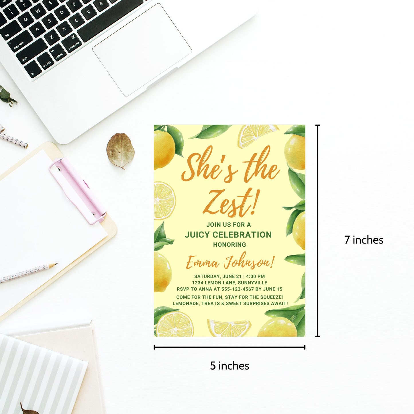 Watercolor lemon-themed invitation titled “She’s the Zest” with editable details for a summer celebration, surrounded by juicy lemons and citrus slices