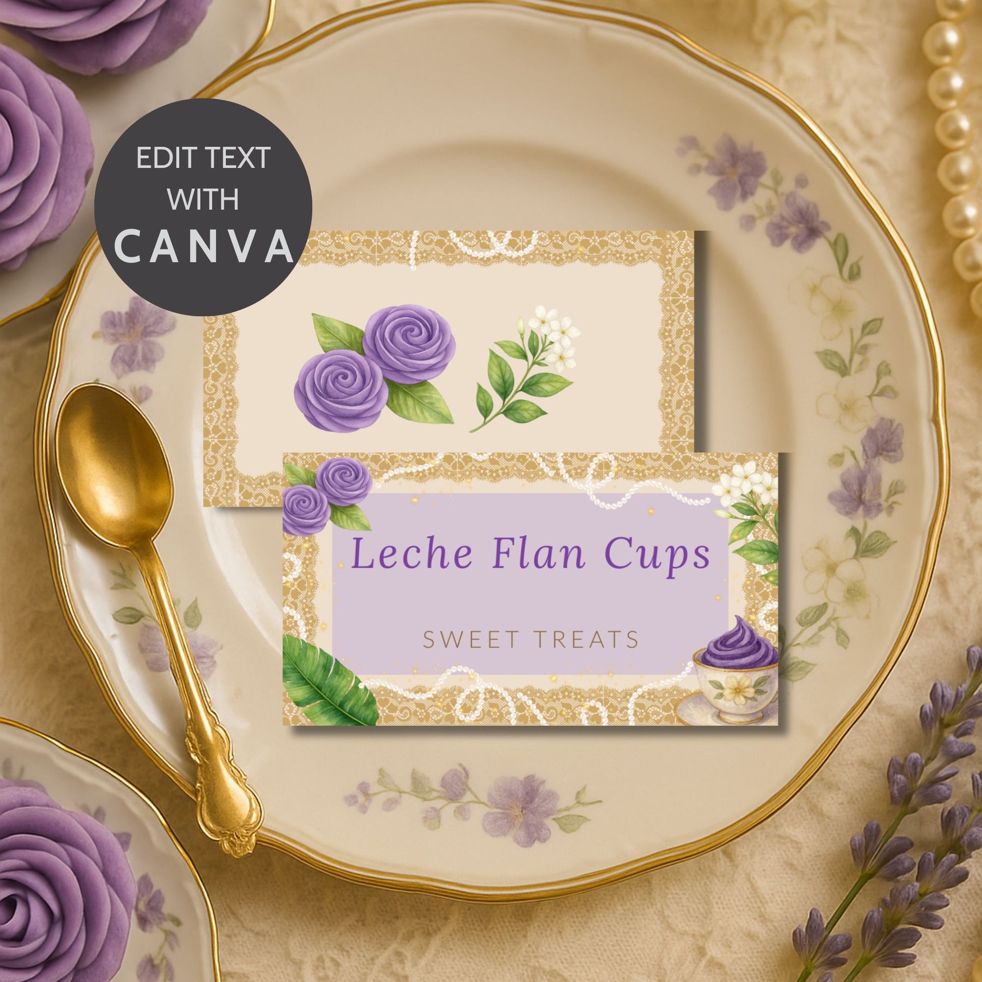 Editable Filipino-themed 3.5x4 folded place cards in ube purple and gold design — printable name cards matching the Merienda Royale invitation, menu, and gift tags by Given Crafted Wonders.