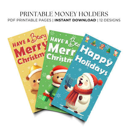Printable Christmas money holders with cute bears – 12 festive holiday cash and gift card envelope designs.