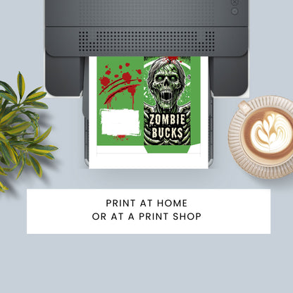 Printer with a printed design of a zombie and 'Zombie Bucks' text, next to a plant and coffee cup.