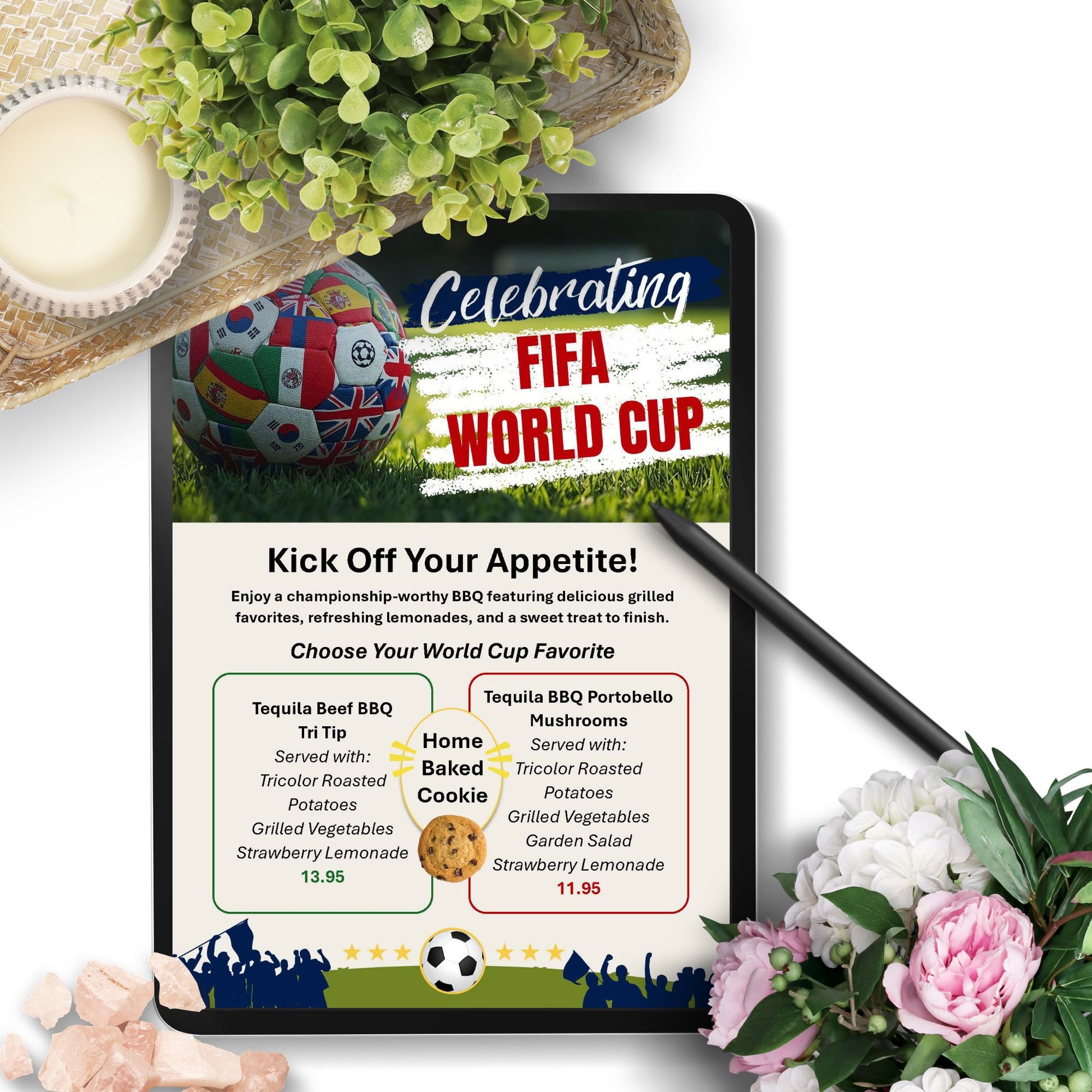 Editable FIFA World Cup-inspired menu template featuring soccer ball graphics, sports-themed design, customizable food menu, printable 8.5x11 Word document for watch parties and events.