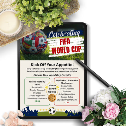 Editable FIFA World Cup-inspired menu template featuring soccer ball graphics, sports-themed design, customizable food menu, printable 8.5x11 Word document for watch parties and events.