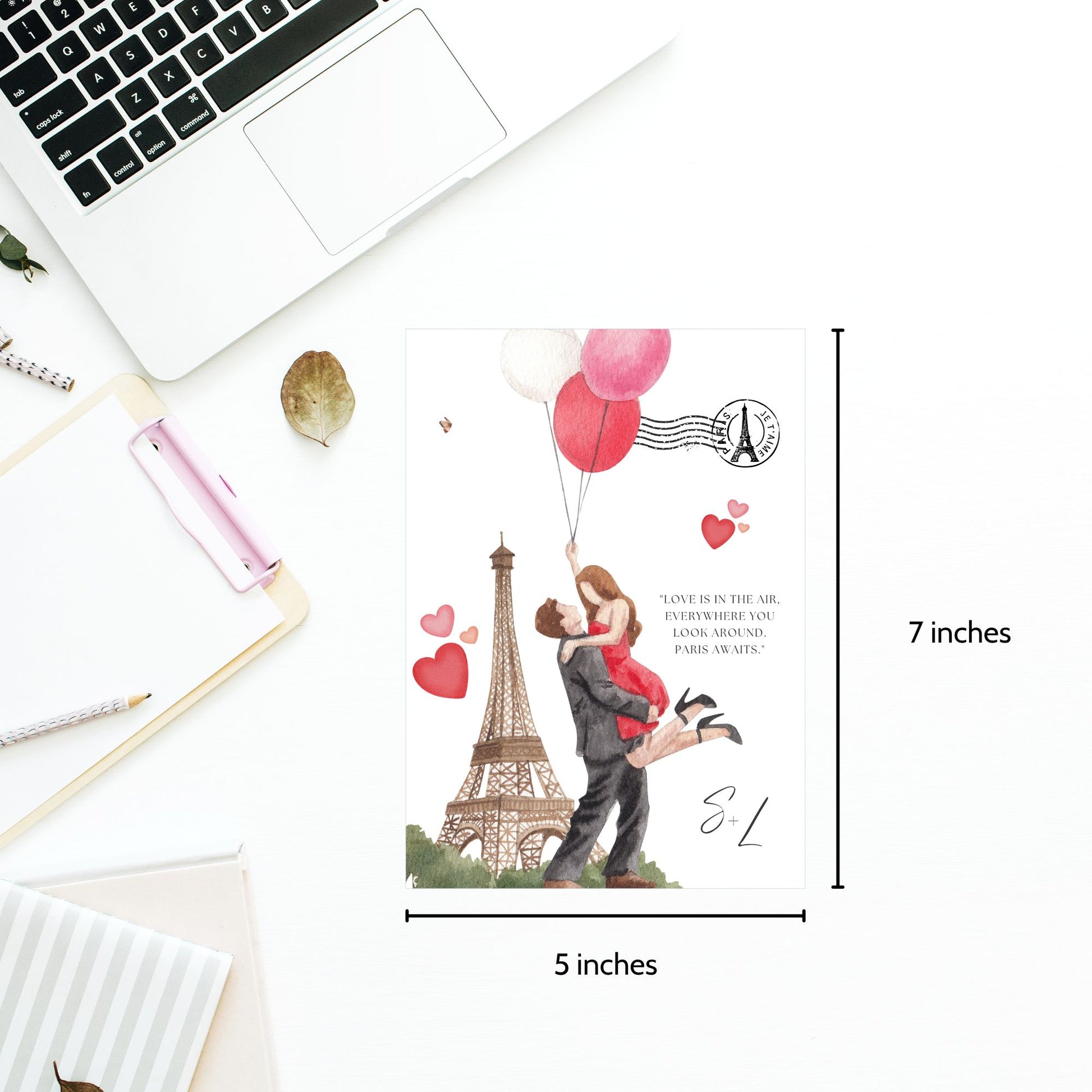 Romantic Paris-themed engagement invitation featuring watercolor Eiffel Tower, couple with heart balloons, and editable text; coordinates with matching 24x36 welcome poster.