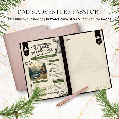 Dad's Adventure Passport printable Father's Day gift featuring 24 pages of family adventures, memory prompts, completion certificate, and printable booklet format for dads and kids.