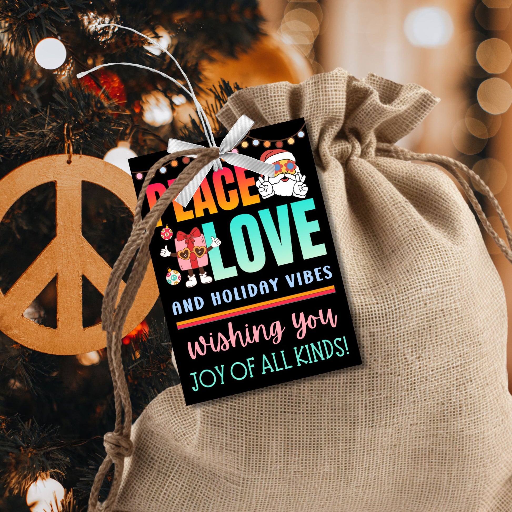 Colorful hippie-themed holiday gift tags with bold retro fonts, peace and love design elements, and Santa Claus in groovy style.