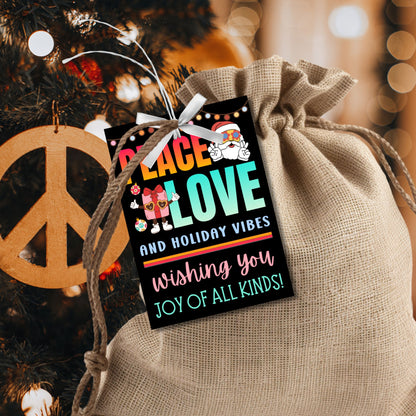 Colorful hippie-themed holiday gift tags with bold retro fonts, peace and love design elements, and Santa Claus in groovy style.