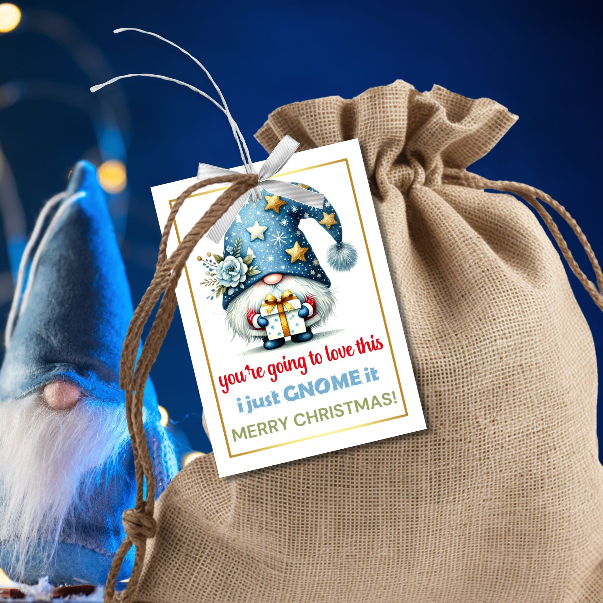 Festive "You're Going to Love This, I Just GNOME It" gift tags featuring a whimsical gnome holding a present, ideal for Christmas or any gift occasion. Includes printable PDF and editable Canva template.