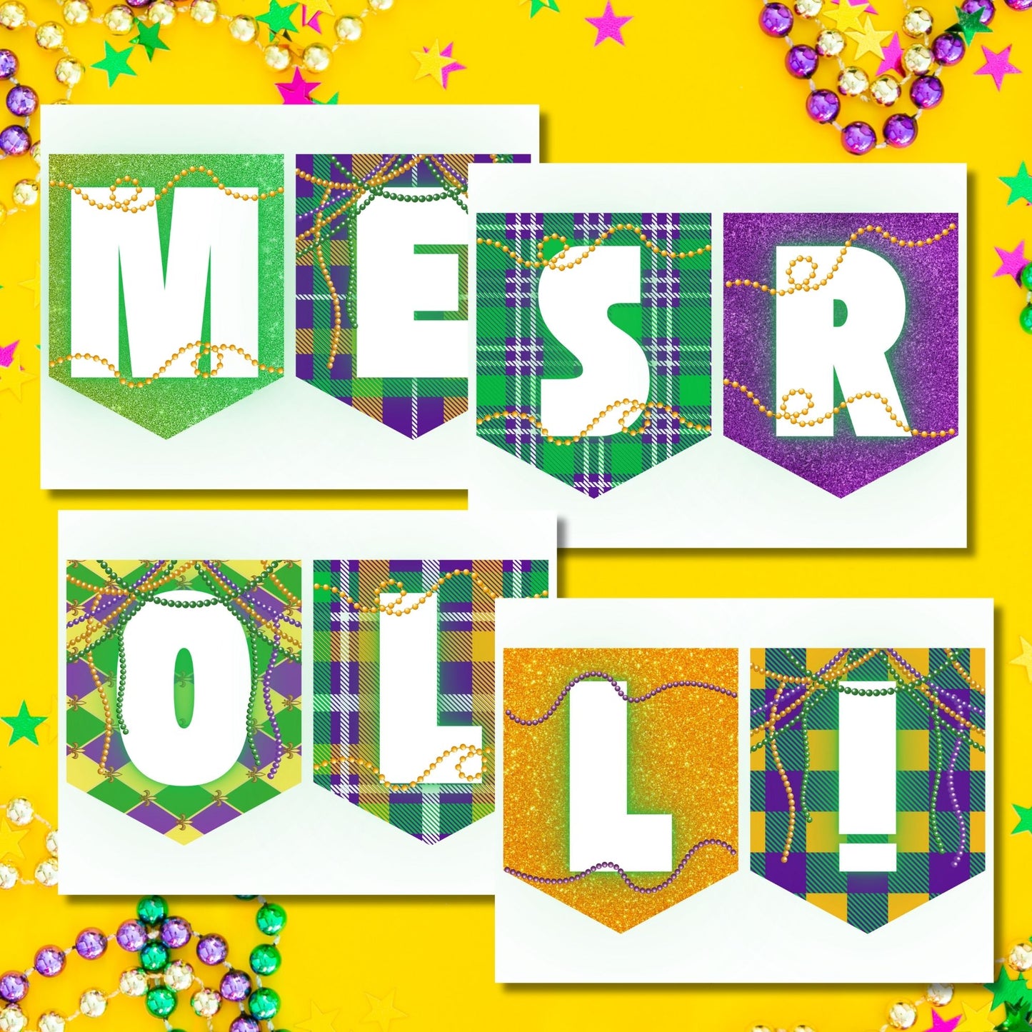 A vibrant Mardi Gras pennant banner featuring traditional purple, gold, and green colors, perfect for festive decorations at parties, parades, and Fat Tuesday events.