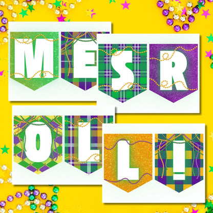 A vibrant Mardi Gras pennant banner featuring traditional purple, gold, and green colors, perfect for festive decorations at parties, parades, and Fat Tuesday events.