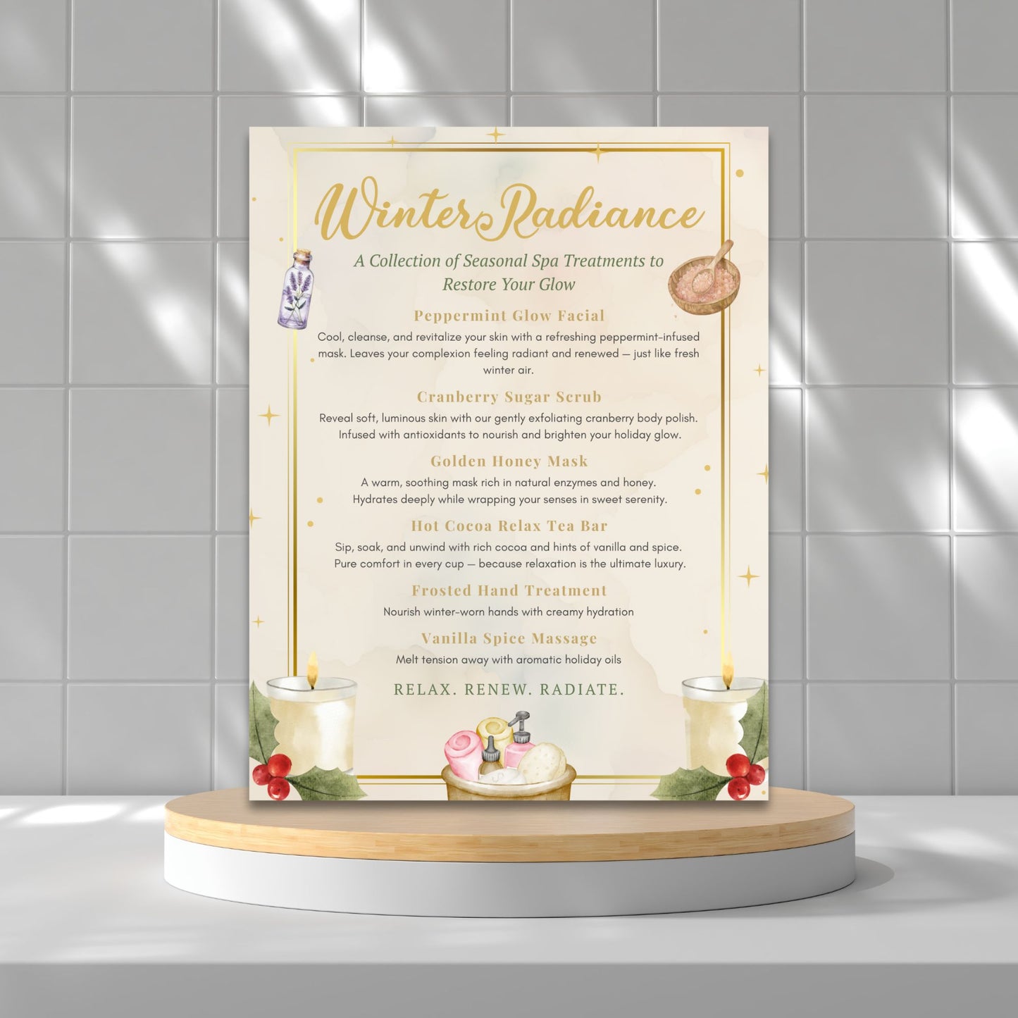 Promotional poster for 'Winter Radiance' seasonal spa treatments on a stand against a tiled wall.