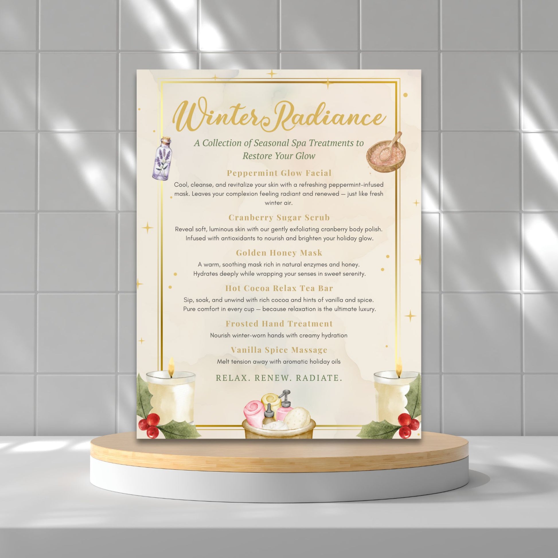 Promotional poster for 'Winter Radiance' seasonal spa treatments on a stand against a tiled wall.