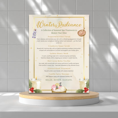 Promotional poster for 'Winter Radiance' seasonal spa treatments on a stand against a tiled wall.