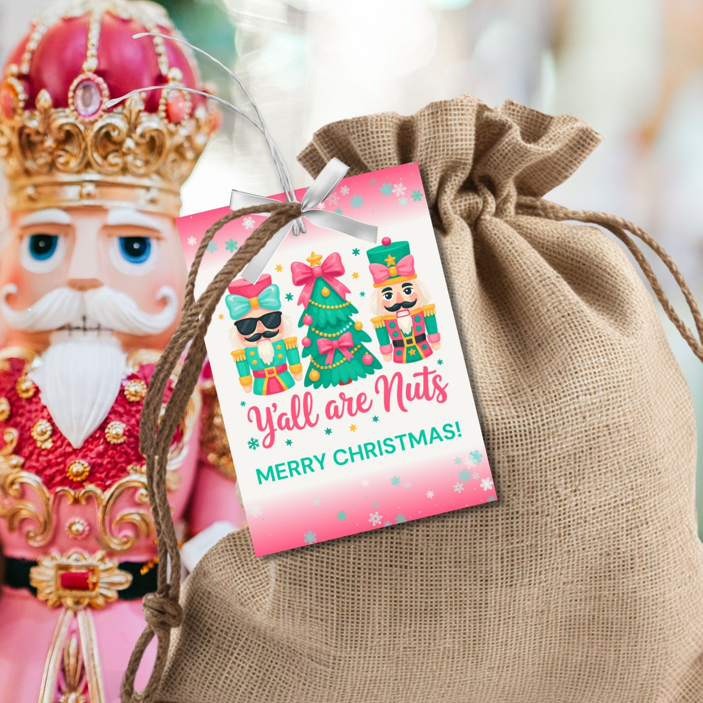 Printable and editable Christmas gift tags with the phrase “Y’all Are Nuts,” sized 2.5 x 3.5 inches, laid out 8 per sheet on 8.5 x 11. Perfect for holiday treat bags and nut-themed gifts.