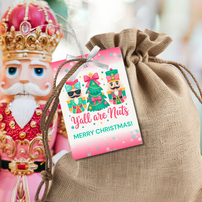 Printable and editable Christmas gift tags with the phrase “Y’all Are Nuts,” sized 2.5 x 3.5 inches, laid out 8 per sheet on 8.5 x 11. Perfect for holiday treat bags and nut-themed gifts.